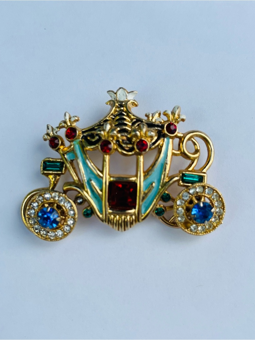 Vntg. Kramer of NY Coronation Carriage Brooch with Blue, Red and Green Accents